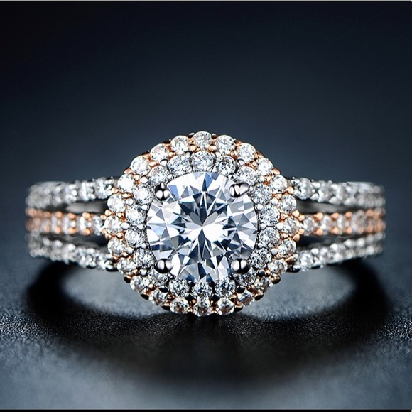 Two Tone Rose Gold Silver Double Halo Round Split Shank Pavé Engagement Ring 7 - Picture 3 of 17